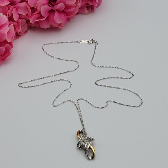 Vtg. JWBR 10K Yellow And White Gold Diamond Infinity Pendant Necklace 18" Signed - Picture 1 of 12